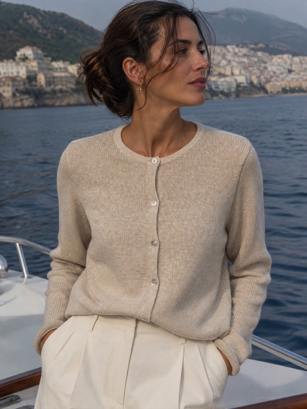 L.L.Bean Cotton Cardigan Sweater Beige Petite Large Classic Cozy Fall Layering